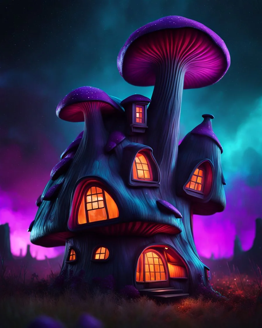 An asymmetrical mushroom house in the night sky. in space. Bright Bold Bright Colors, teal purple black, Stark Dark background. Detailed Matte Painting, deep color, fantastical, intricate detail, splash screen, hyperdetailed, insane depth, Fantasy concept art, 8k resolution, trending on artstation, Unreal Engine 5, color depth, Deep Colors, backlit, splash art, dramatic, splash art Style. High Quality, Painterly, Whimsical, Fun, Imaginative, Bubbly, good detail, perfect composition,