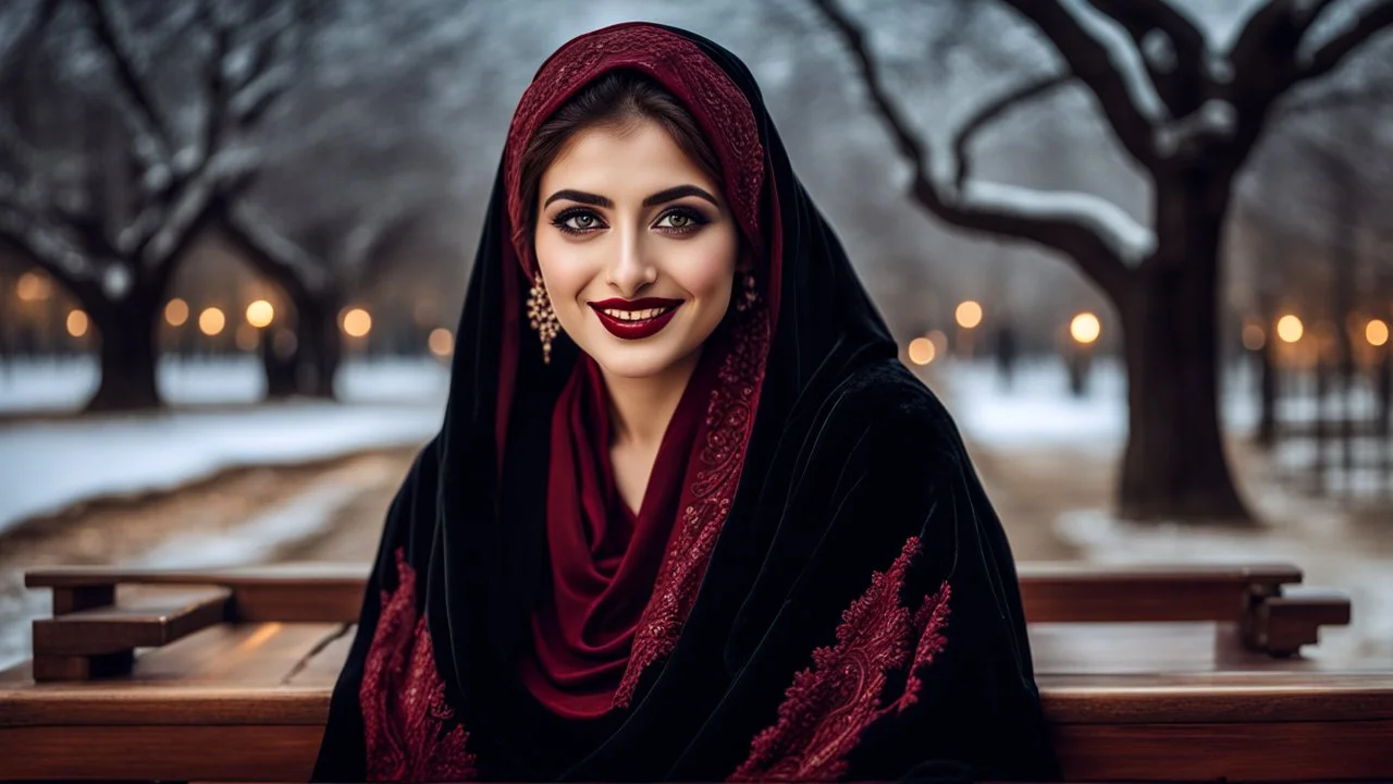 Hyper Realistic Photographic View of a Young Beautiful Pashto Woman with beautiful eyes & lips in black-velvet-dress-with-maroon-embroidery-&-black-velvet-shawl, Smiling having Dimples on her cheeks & sitting on a fancy-wooden bench in a-park with an old-thick-tree & moonlight-rays at dark-heavy-snowfall-night showing dramatic & cinematic ambiance.