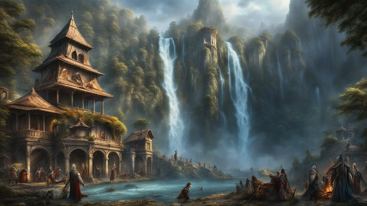 Ancient Zombies destroying town at the foot of a 3.000 feet high waterfall. fantasy setting, horror. exquisite realism, a masterpiece, fantasy concept art, dynamic lighting, hyperdetailed, intricately detailed, deep color, Unreal Engine, volumetric lighting, Epic cinematic brilliant stunning intricate meticulously detailed dramatic atmospheric maximalist digital matte painting