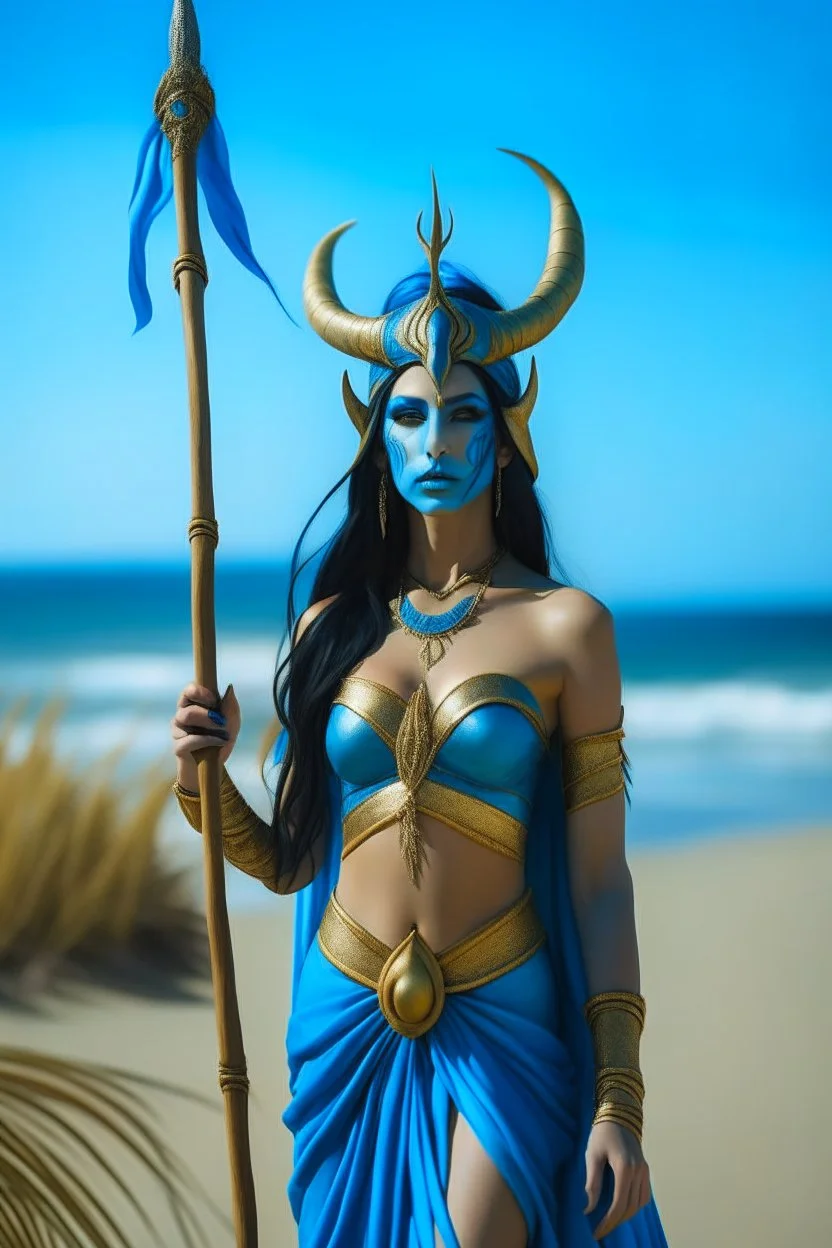 A picture of a beautiful "blue" faced indian goddess with skin painted blue, "blue painted body", "blue painted torso", wild black hair, stag antlers, elven ears, golden skirt, holding a staff on a sunny beach