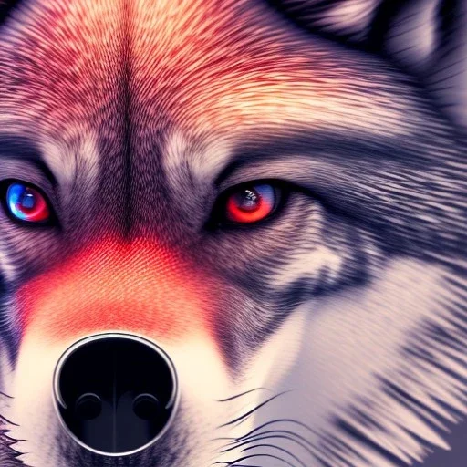 depth of field, wolf, extreme detail,ultra realistic,scary, red and blue eyes, Photorealism, macro lens 40mm,bokeh, cinema4d, 8k, unreal engine 5, redshift render, octane render