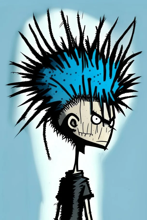 2d drawing of a stickman, cool with punk hair, x eyes like in hangman, view from behind, 3d realistic in colour