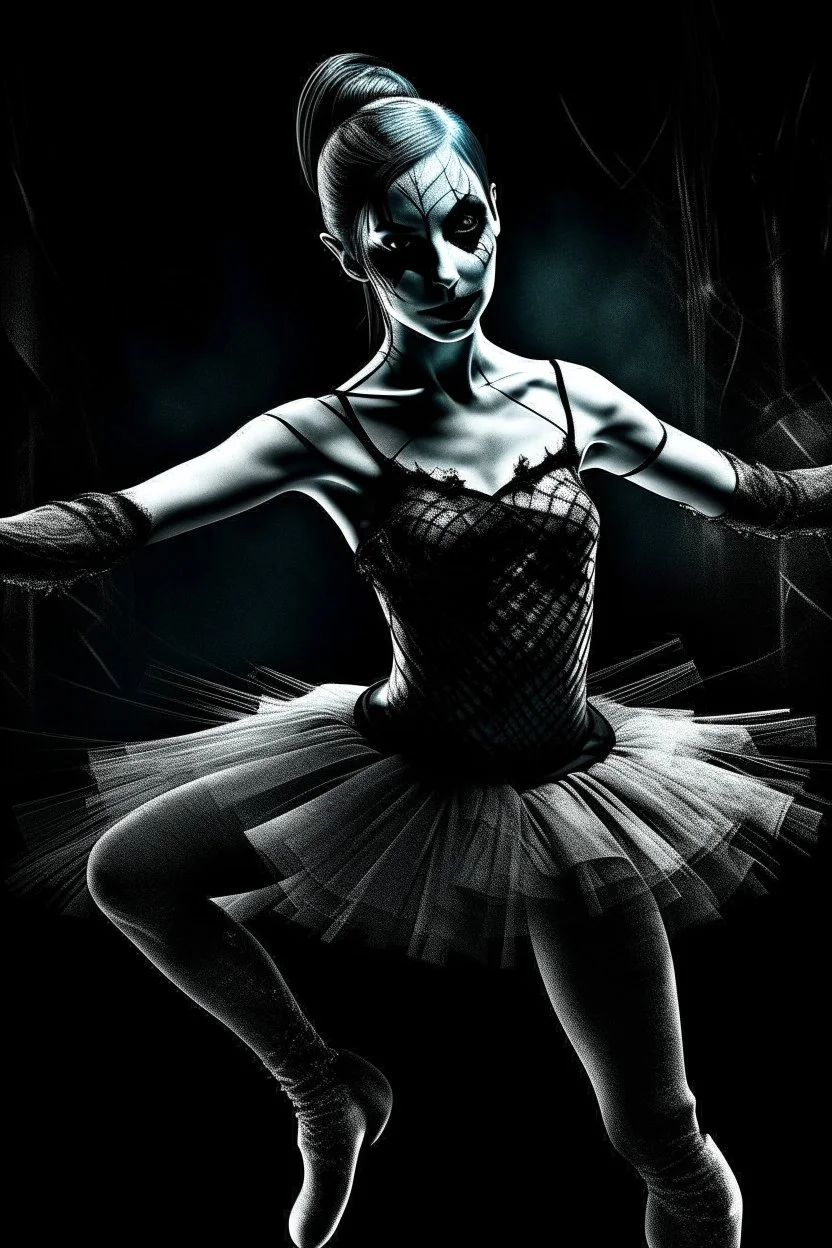 Striking 12k image of a gothic character doing ballet, selective colors, gothic undertone, she has no face, material textured blank face,comic/popart overlay style