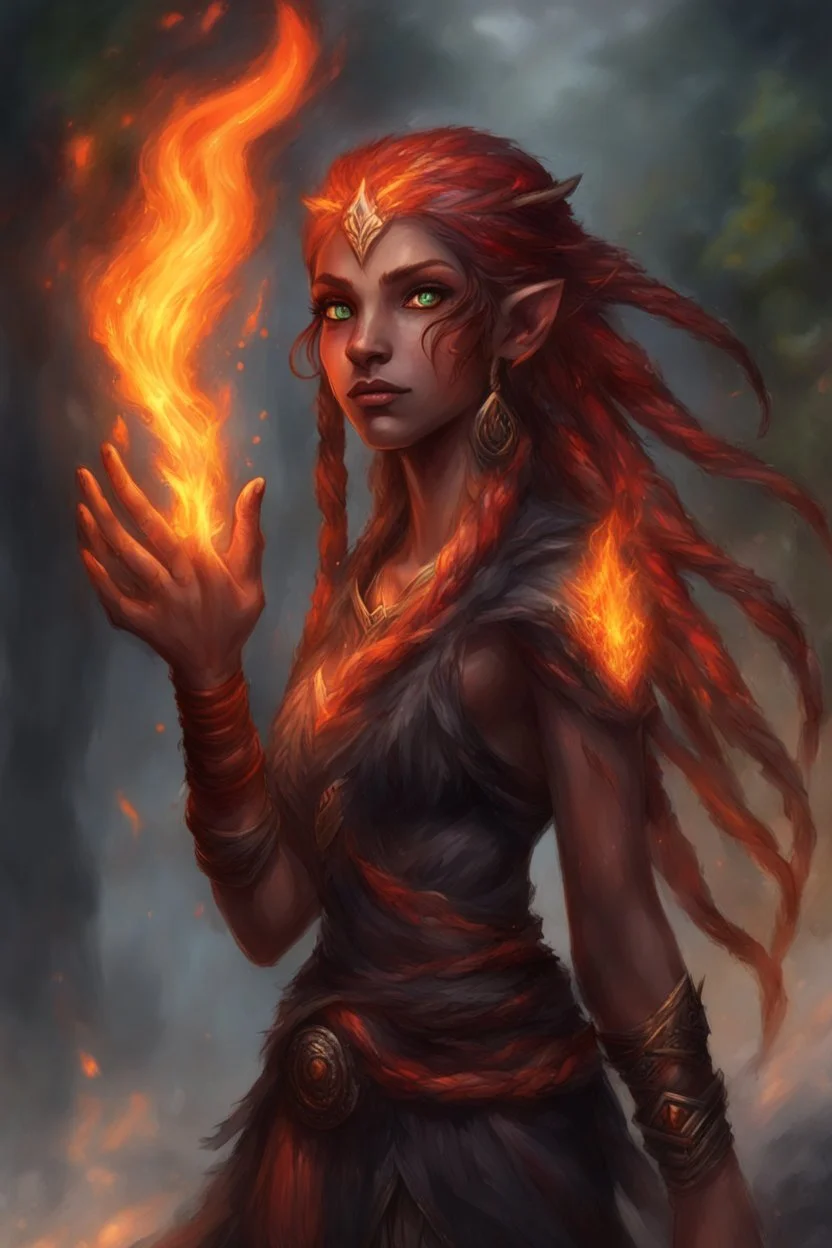 Fire Eladrin druid female. Hair is long and bright black part glows. Part of hair is braided and fire comes out from it. Big bright red eyes. Is generating fire with her hands . Skin color is dark. Has a big deep scar on face. Is making fire from hands