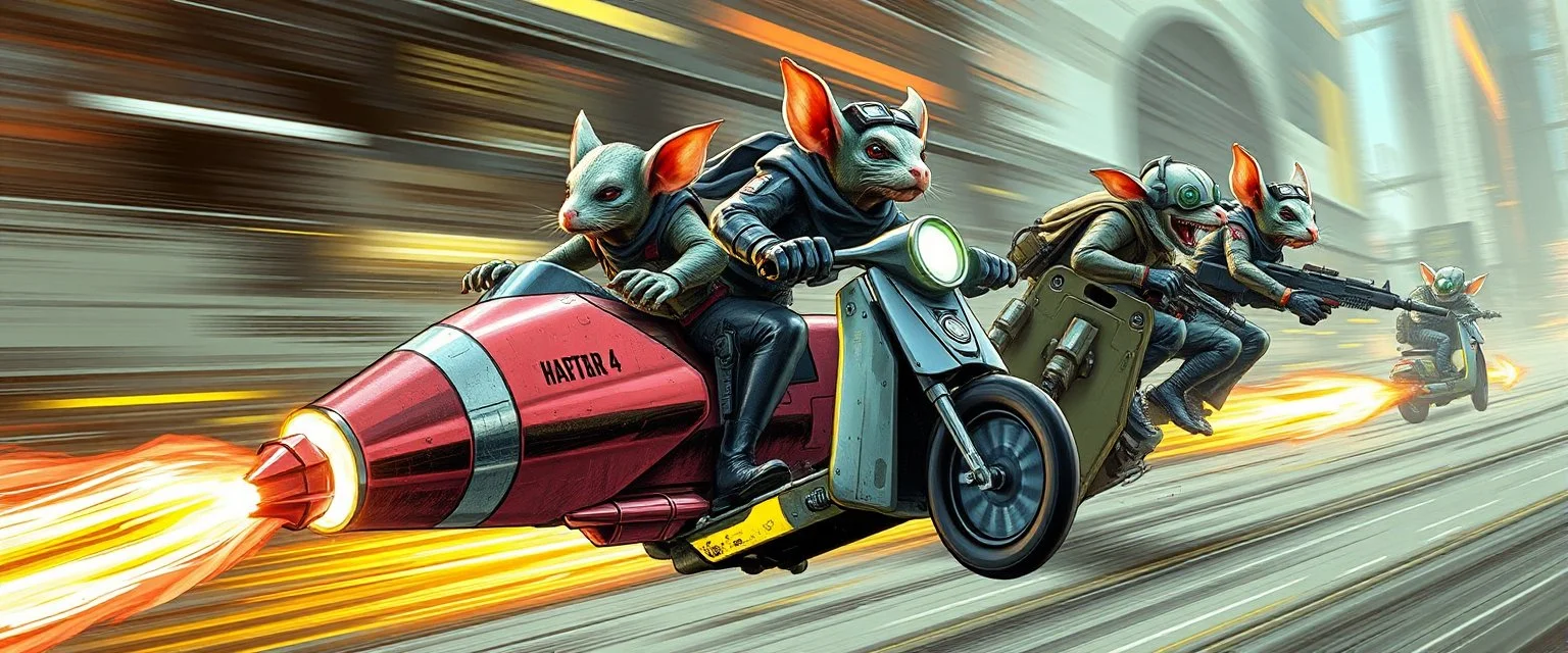 hi speed rocket ship on leaning scooter in a swing, coated rat gremlin captain in high speed pursuit among neon spy vs spy rat cyber soldiers, with background motion blur, airbrush and pen outline, in the style of Fallout 4