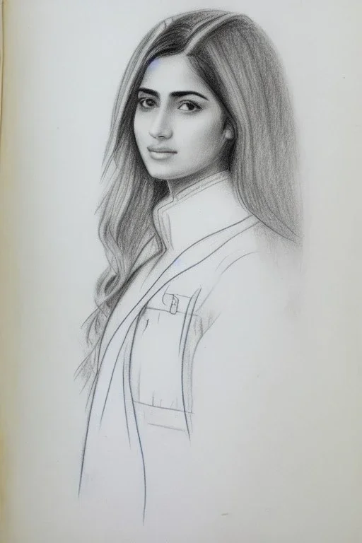 Pencil sketch of Young woman , nurse , Arab features,sad, long wavy hair, full body، on lined paper