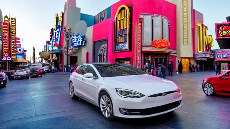 A Tesla's 'Model S Plaid' is racing at top speed, across the 'Universal Studios Hollywood', in Los Angeles. CINEMATIC. WIDE ANGLE LENS.