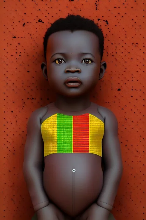 futuristic baby portrait in Kente, rusted clocks eyes, cinematic, scaffolding, ghana flag, african pattern symbols, engraved, 8k quality