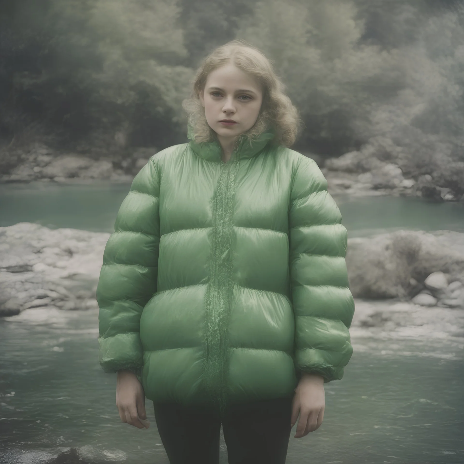 Mermaid, autochrome, green plastic puffy jacket