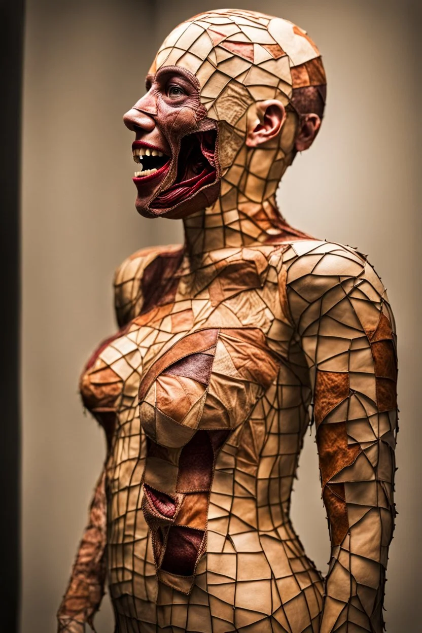 a screaming human body patchwork sewn of human skin. horror setting.