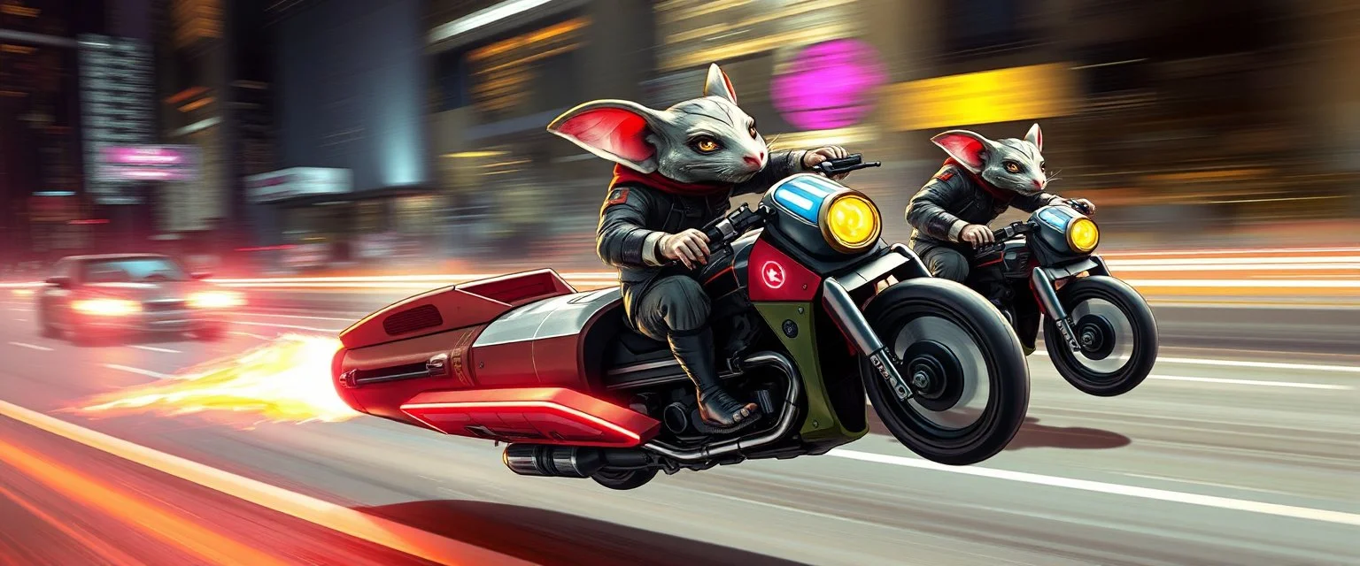 hi speed rocket ship on leaning scooter in a swing, coated rat gremlin captain in high speed pursuit among neon spy vs spy rat cyber soldiers, with background motion blur, airbrush and pen outline, in the style of Fallout 4 and Cyberpunk and GTA5