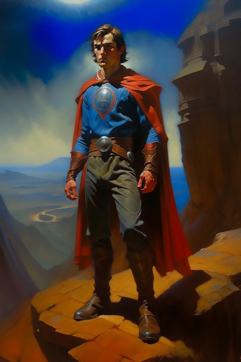 1970's dark fantasy cover dnd style oil painting of a hero with sport outfits with minimalist far perspective. Magazine.