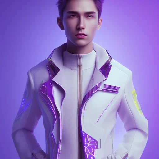 man, cute face, white highlight hair, brown eye, white, skin, purple suits, futuristic, science, purple, blue, dark pink background lighting, technology, profile, asian boy, square face, light orange