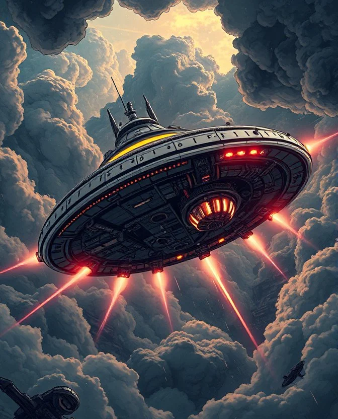 A ufo starship hovering , in the style of intricate illustrations, mechanical details, dramatic lighting, dark clouds, and turbulent winds, 16K resolution