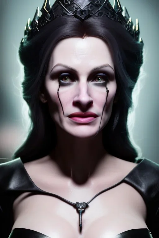 Julia Roberts as evil queen in black leather gown, evil, busty, cleavage, curvy, angry, stern look. character design by cory loftis, fenghua zhong, ryohei hase, ismail inceoglu and ruan jia. unreal engine 5, artistic lighting, highly detailed, photorealistic, fantasy