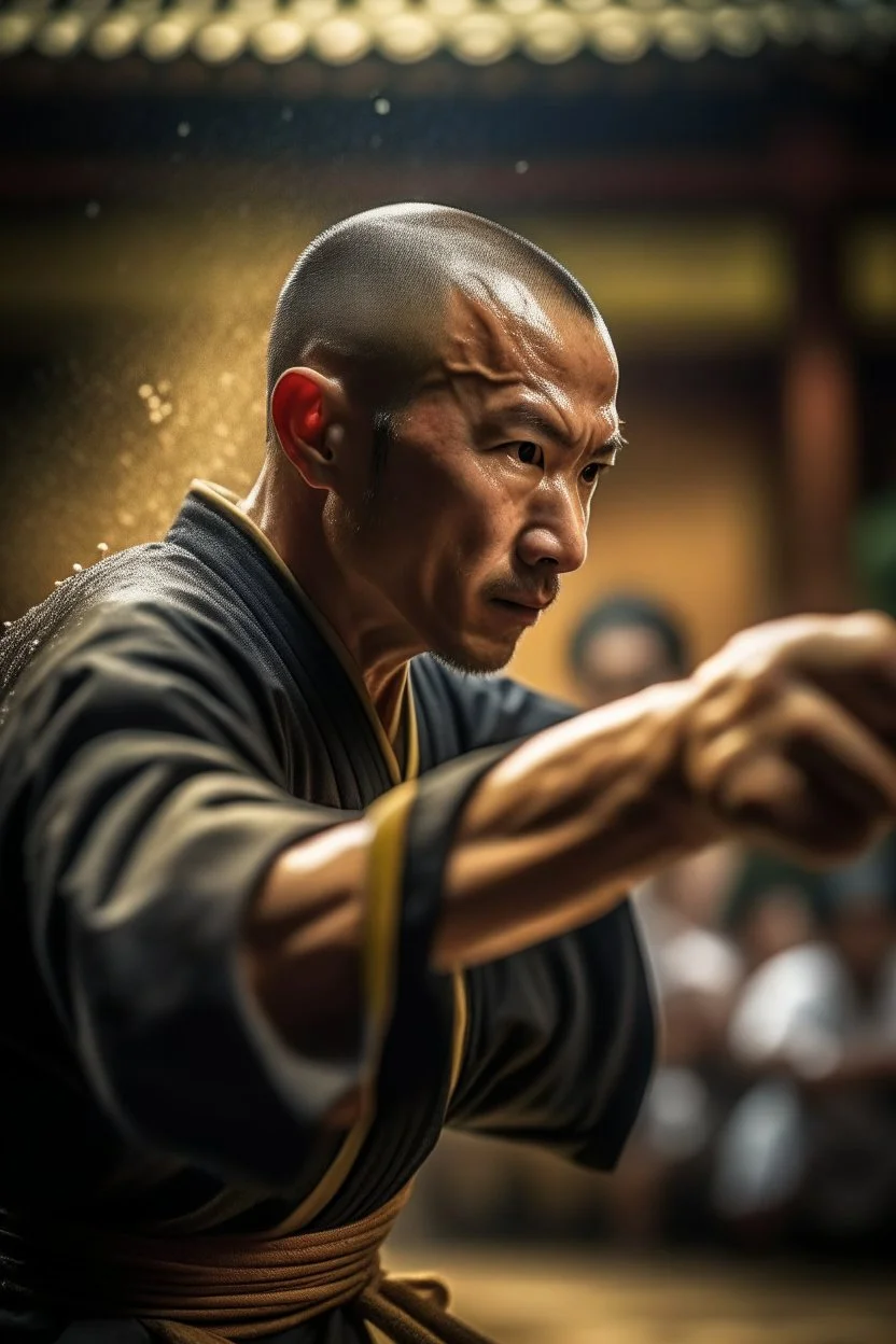 student hitting kung fu master in the jaw so sweat splashes the temple,shot on Hasselblad h6d-400c, zeiss prime lens, bokeh like f/0.8, tilt-shift lens 8k, high detail, smooth render, down-light, unreal engine, prize winning