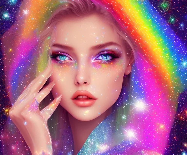 glitter arcobaleno, stelle luminose, ragazze bellissime vestite di veli trasparenti corpo magnifico e volti bellissimi occhi chiari e capelli biondi,