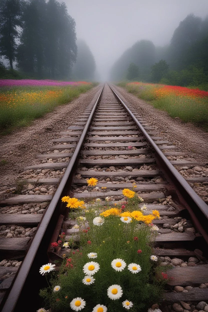 a train tracks in it a lot of colorful wild flowers , a train shows is coming forward , foggy, cloudy gray sky, and thunders , a dear legs sticks in the train tracks and can not move