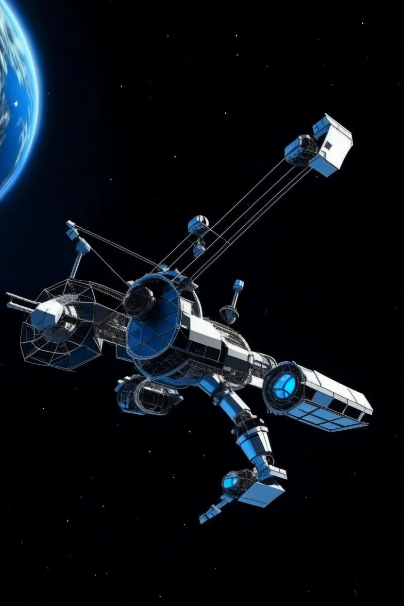 In a sci-fi starry sky background, a slender space flexible robotic arm is located on the satellite in the frame.The images have high resolution