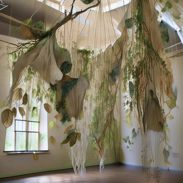 Hang suspended textile strands from the ceiling, resembling a dense forest canopy. Use fabrics in earthy tones, interwoven with elements like leaves, branches, or flowers, representing growth, renewal, and the interconnectedness of nature and healing.