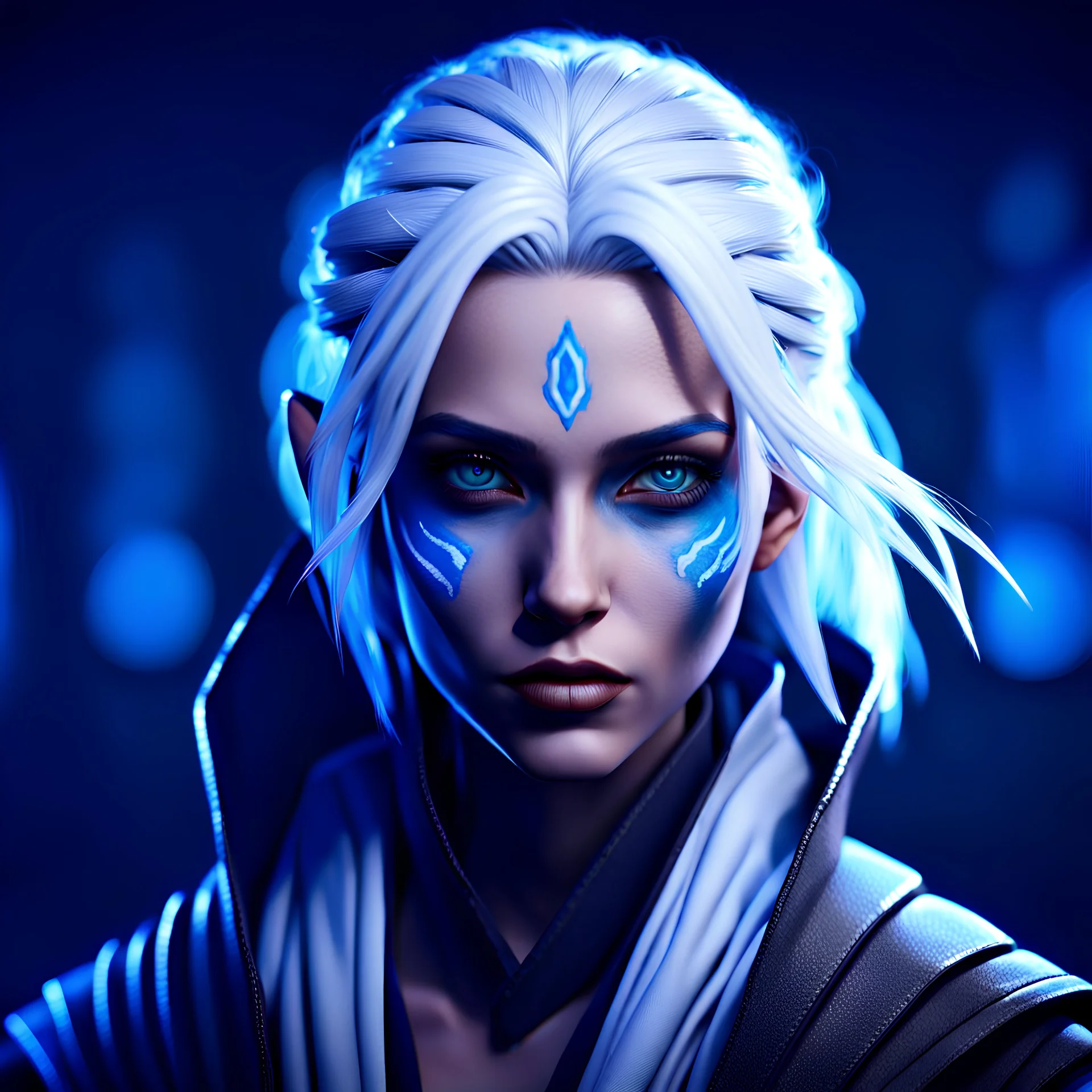 young mysterious female jedi with white hair, intense eyes, wild blue facepaint, unreal engine style