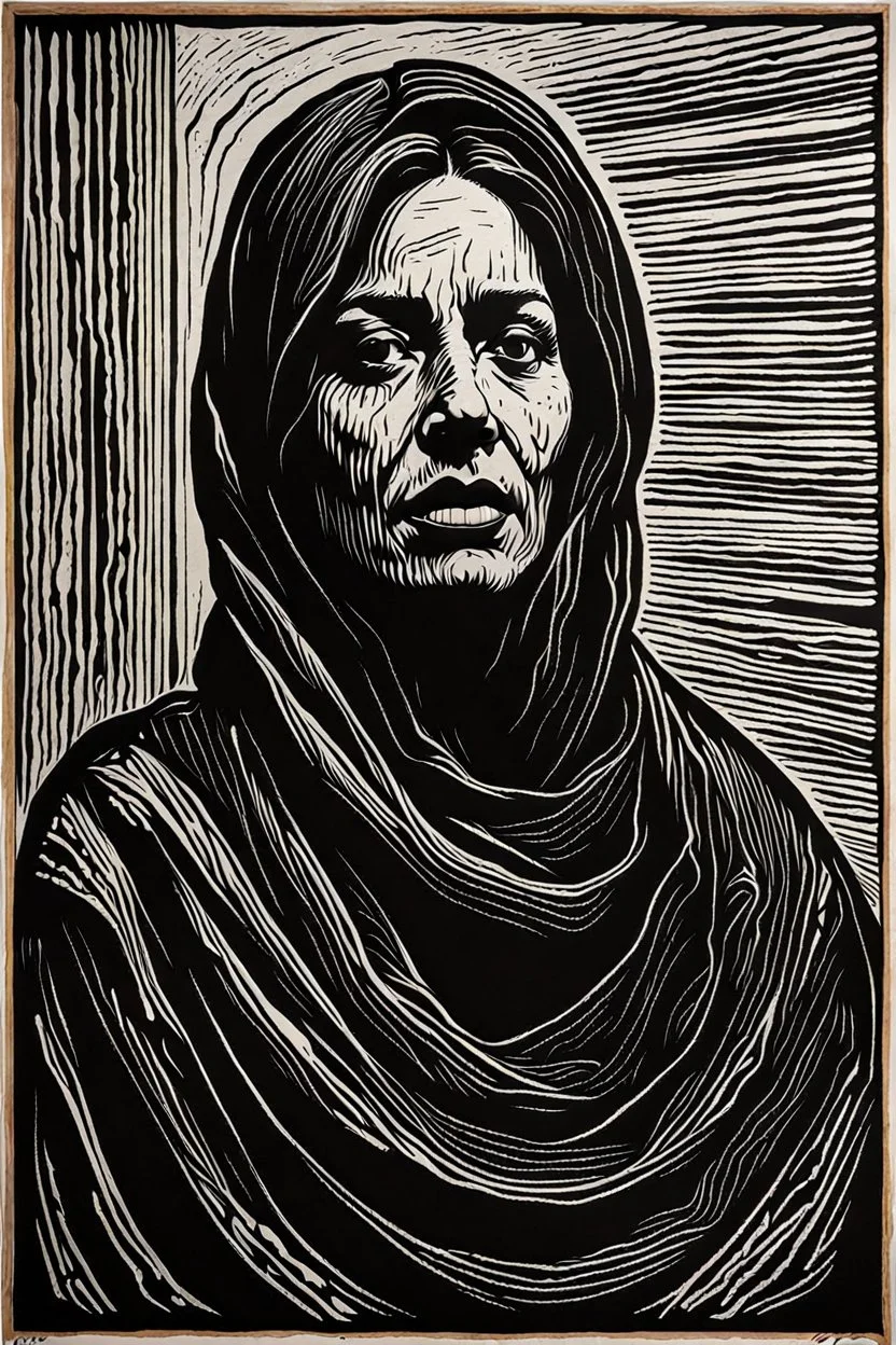 create an abstract, deeply powerful tragic and evocative, full body woodcut of a raw and weathered Palestinian female with highly detailed and deeply cut facial features, lost in a horrific post apocalyptic Gaza, in the style of KATHE KOLLWITZ , searing lines and forceful strokes