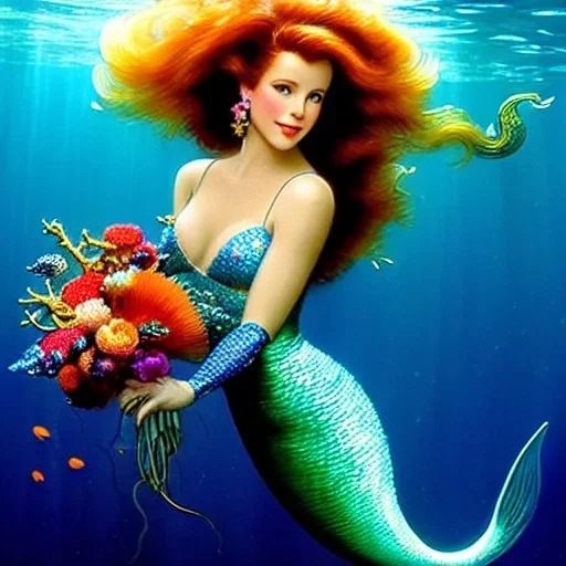 Perfect and beautiful face of teen robyn lively, holographic mermaid, holding a bouquet of floral coral, bubbles, upward flowing long hair, gloves hidden under the bouquet, underwater with seashells and fish, seahorses, coral, fantasy, regal, intricate, by stanley artgerm lau, greg rutkowski, thomas kinkade, alphonse mucha, loish, norman rockwell