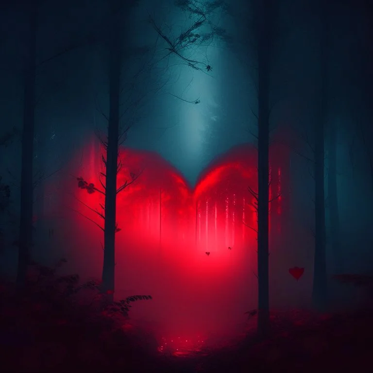 red fog in the forest at night with an electric heart