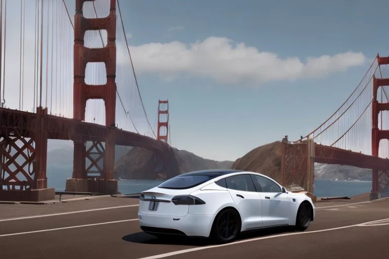 A Tesla 'Model Y' is parked, on the 'Golden Gate' bridge. (CINEMATIC, WIDE ANGLE LENS, PHOTO REAL)