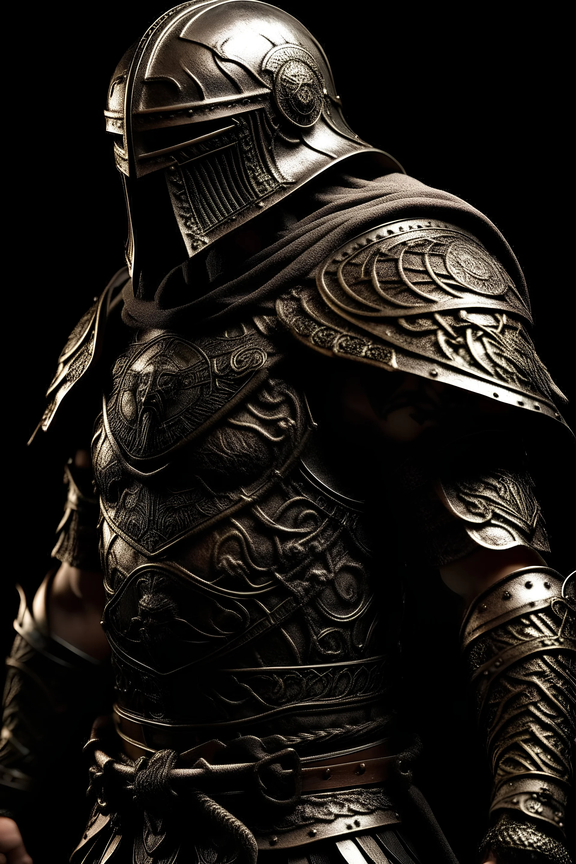 In the foreground, a formidable Celtic warrior commands attention with his commanding presence. Clad in meticulously crafted armor, the warrior exudes strength and resilience. The armor, intricately detailed, consists of overlapping metal plates, providing both protection and flexibility in battle. A flowing cloak, adorned with Celtic patterns, billows behind him, adding a touch of elegance to his formidable appearance. The warrior's face is obscured by a thick black and grey beard, framing a w