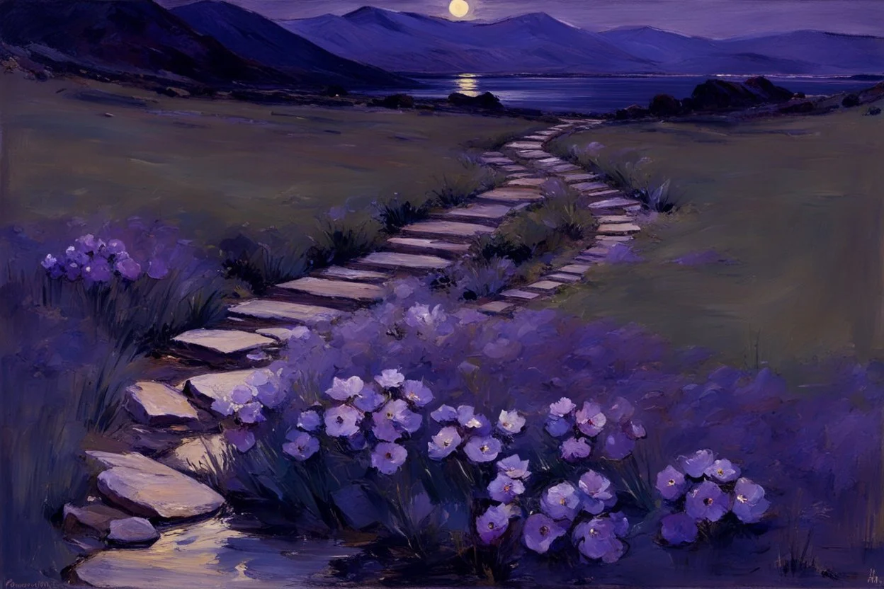 Night, purple flowers, pathway, mountains, rocks, little puddle, theodore robinson impressionism painting