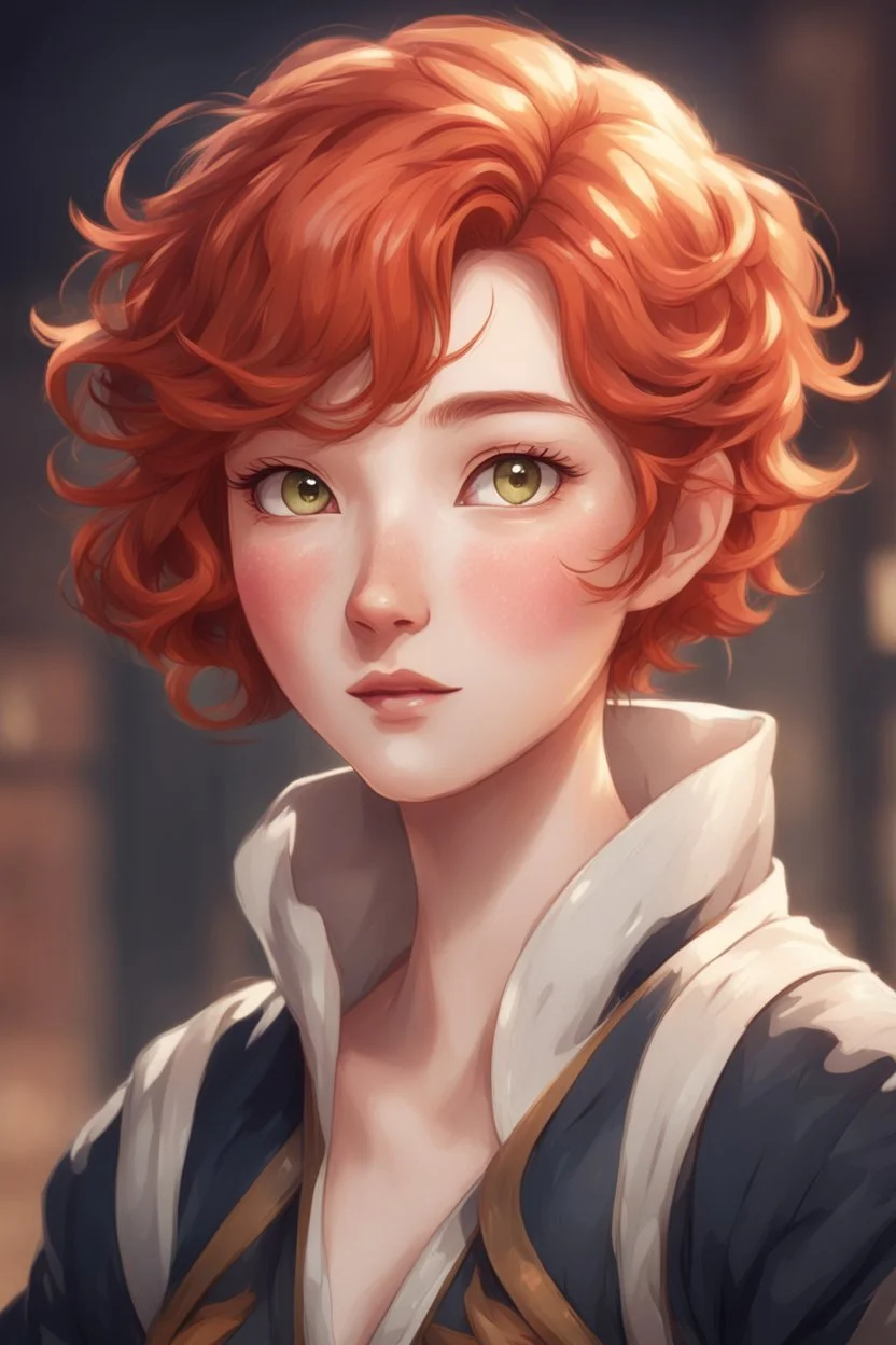 A short girl with thick short wavy red hair, narrow kind eyes with an enthusiastic look. A wide oval face is decorated with an upturned nose and small lips, genshin impact style
