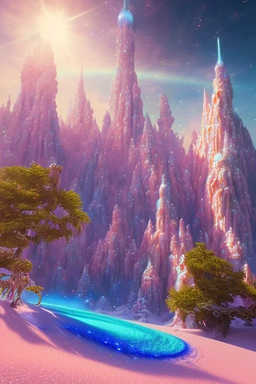 cascades of multicolored crystals, blue sky, cosmic and galactic ambiance, full of details, smooth, bright sunshine，soft light atmosphere, light effect，vaporwave colorful, concept art, smooth, extremely sharp detail, finely tuned detail, ultra high definition, 8 k, unreal engine 5, ultra sharp focus