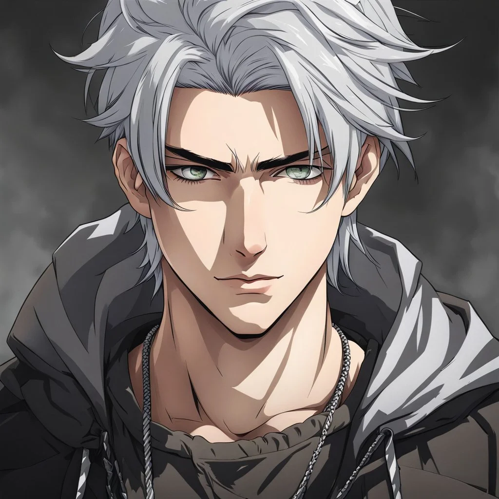 A stunningly detailed (((headshot portrait))), capturing the essence of a young man in his 20s with silver hair and piercing gray eyes, exuding a sense of confidence and protection, anime realism style