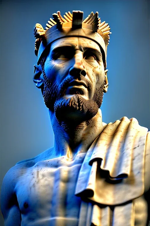 Ultra Realistic image, Roman sculpture, white marble material, Lionel Messi, gold crown of natural thorns, god crown, Renaissance style, sun rays background, waist up portrait, epic, celestial, cinematic lighting, God lights, 4k resolution, smooth details, soft lighting, unreal engine 5, art station, substance 3d.