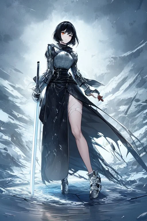 Anime girl with short black hair and sharp green eyes, holding a pike, full body black and white metal plate armour, full body shot, Dramatic lighting,1woman, soaked in blood, Warrior, standing pose, sword at the waist, close shot, lean body,