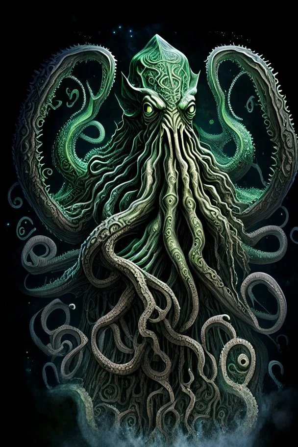 An awe-inspiring realistic artwork design featuring a full-body depiction of Cthulhu. The design showcases the immense size and intricate details of the ancient cosmic entity. Cthulhu is portrayed in all its terrifying glory, with tentacles sprawling around its colossal body. Adding an element of intrigue, Cthulhu dons an ornate hat that speaks to its enigmatic and mysterious nature. The artwork is created with remarkable precision and clarity, utilizing 8K resolution to capture every intricate