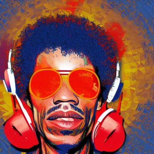 a realistic portrait of Jimi Hendrix at a turntable with headphones on being a DJ, vivid color, with sunglasses