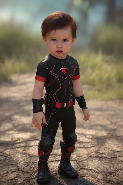 Black widow toddler, serious, full body, bokeh, hyper realistic