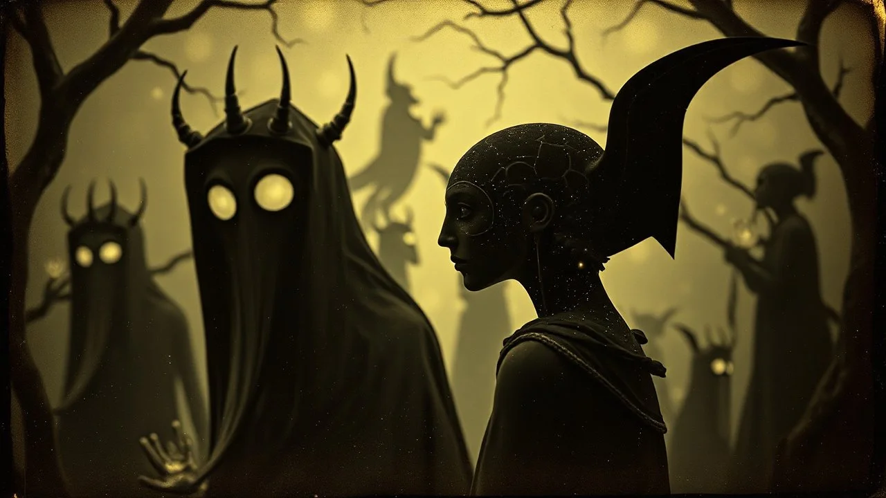 Daguerrotype close up some mysterious figures, odd background, cinematic, Hieronymus Bosch Max Ernst ambient light, by Minicavio Quollati and Marlost Endgulp, Amano, Botticelli, Alphonse Mucha