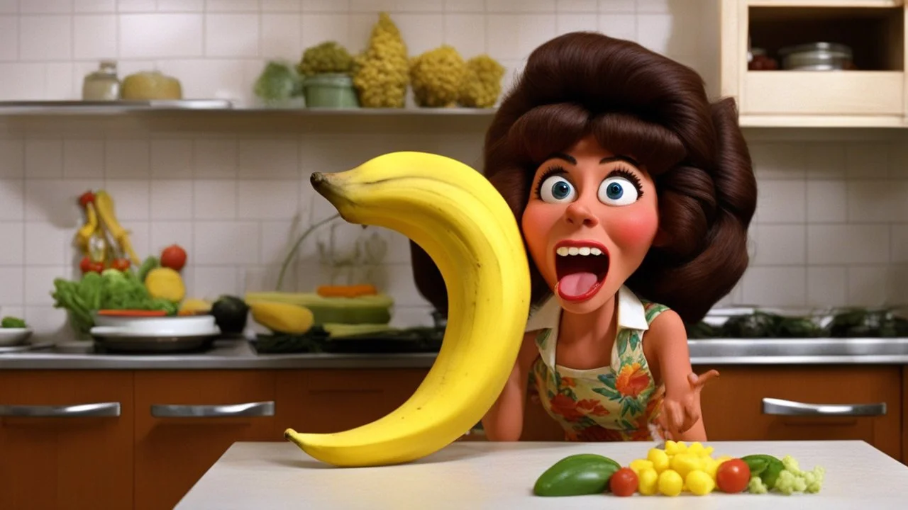 [1960’s stop-motion animation style in kitchen: she takes the banana in her mouth] a 70s banana advertisement video TV featuring the hungry jungle woman. she brings a big banana to eat in her mouth to satisfy her appetite, she is happy as a claymation character toy from a claymation horror movie in burning rainbow land, from hell, creepy Videos, eyeballs and jungle fruits everywhere , as old advertisement shot on video VHS