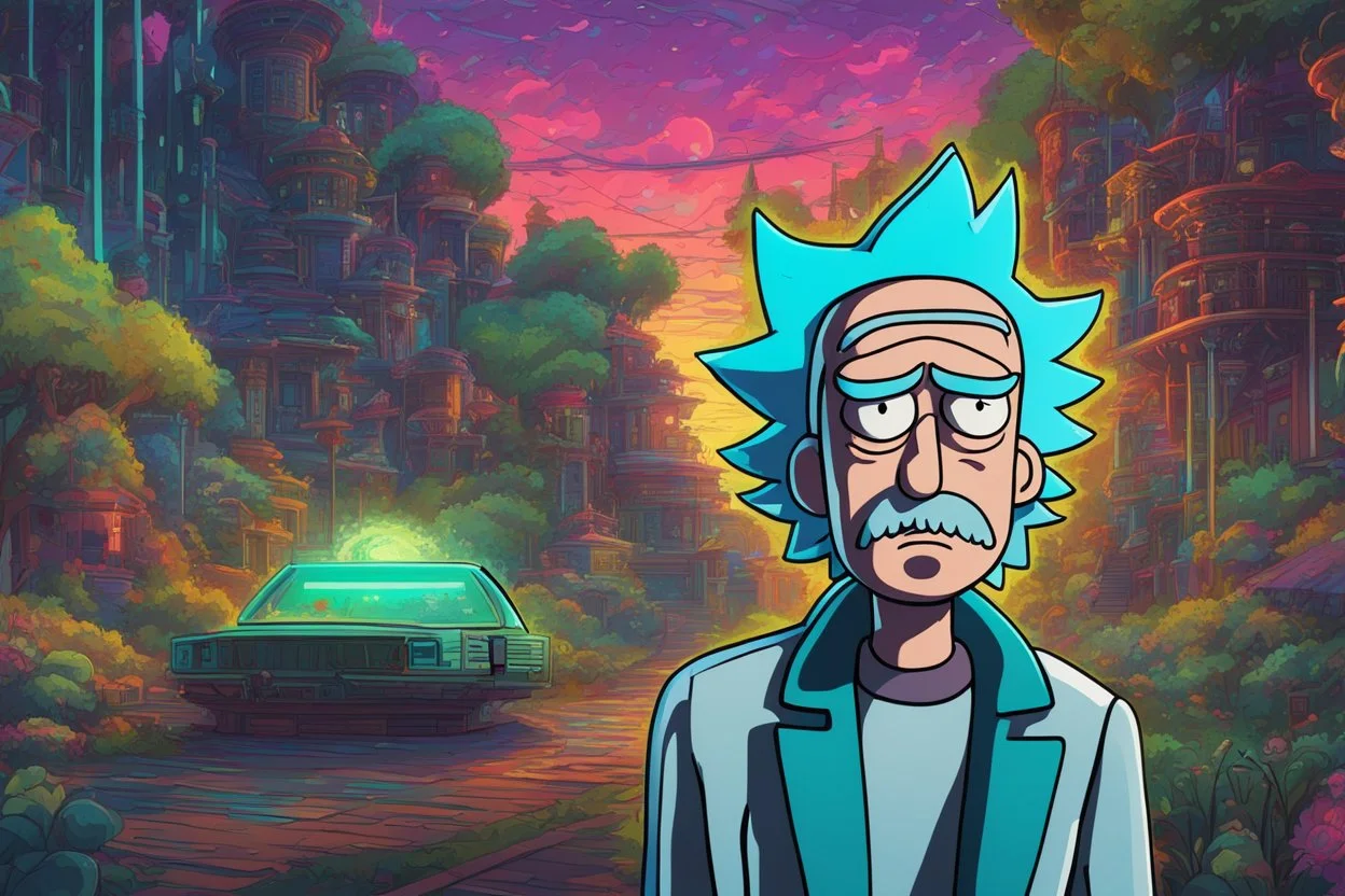 Rick in 8k cartoon artstyle, neon effect, Rick and morty them, close picture, rain, fantasy world, intricate details, highly detailed, high details, detailed portrait, masterpiece,ultra detailed, ultra quality