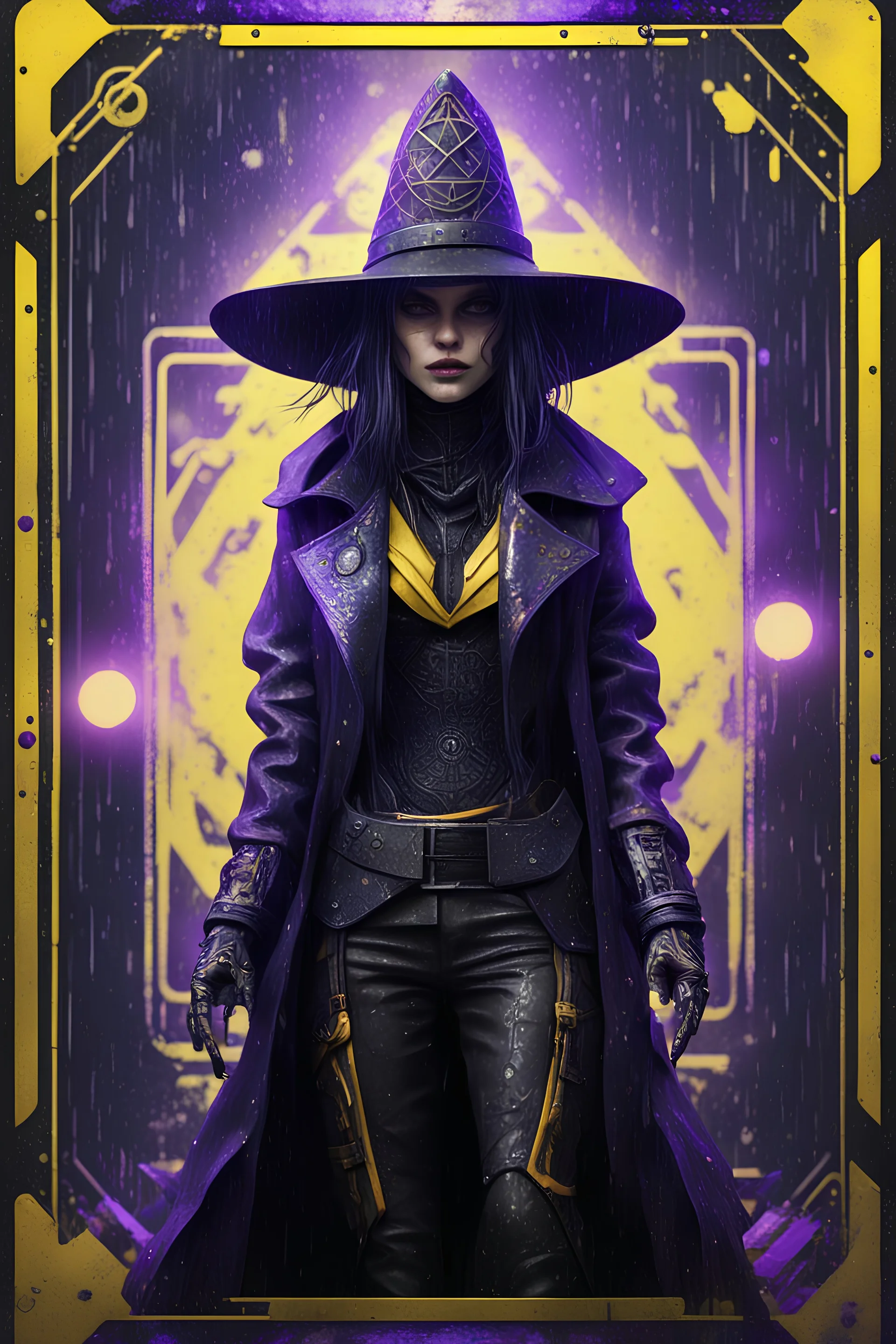 sacred geometry framed playing card, black, yellow and purple noen cyber punk dancer thief in soaked rain coat and cowboy witch hat shadows boss card in the style of Giger and fallout 4 ,,bokeh like f/0.8, tilt-shift lens 8k, high detail, smooth render, down-light, unreal engine