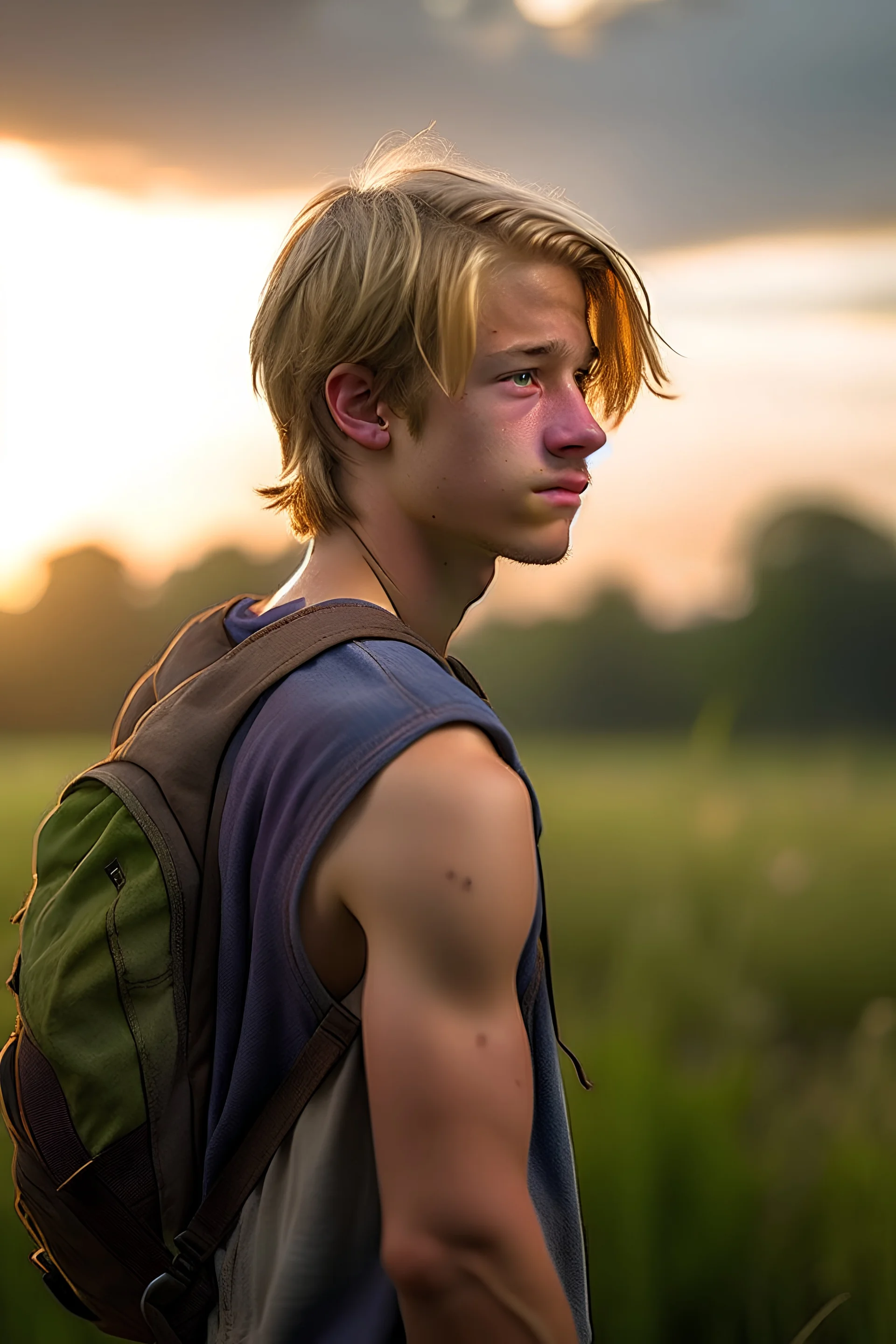 A close up photo of a handsome fifteen year old boy wearing a dusty backpack standing in a field with an abandoned city skyline in the background, sweaty blond hair, wearing a ripped tank top and stained shorts, sunset, tall grass, bright colours, vast landscape, cinematic photography, high resolution, high quality, highly detailed.