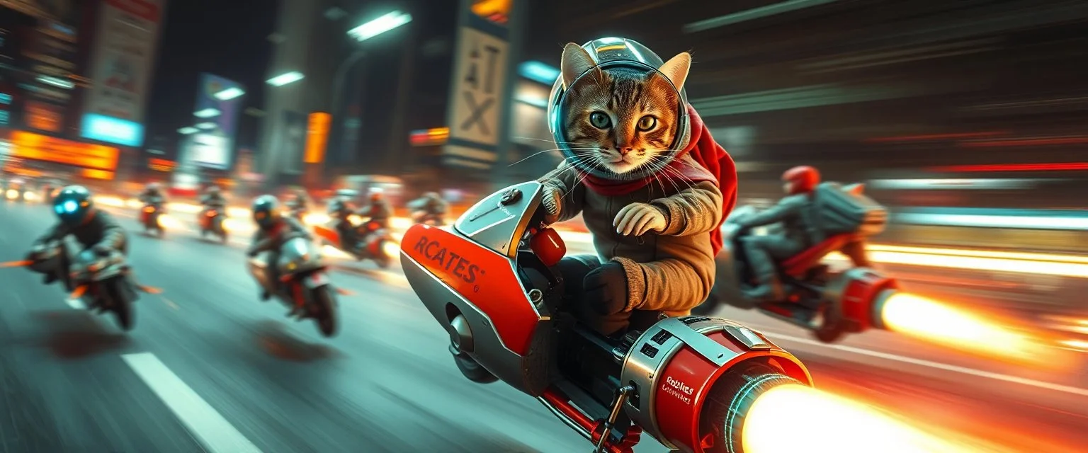 rocket ship scooter coated cat captain in high speed pursuit among neon rat cyber soldiers, with background motion blur