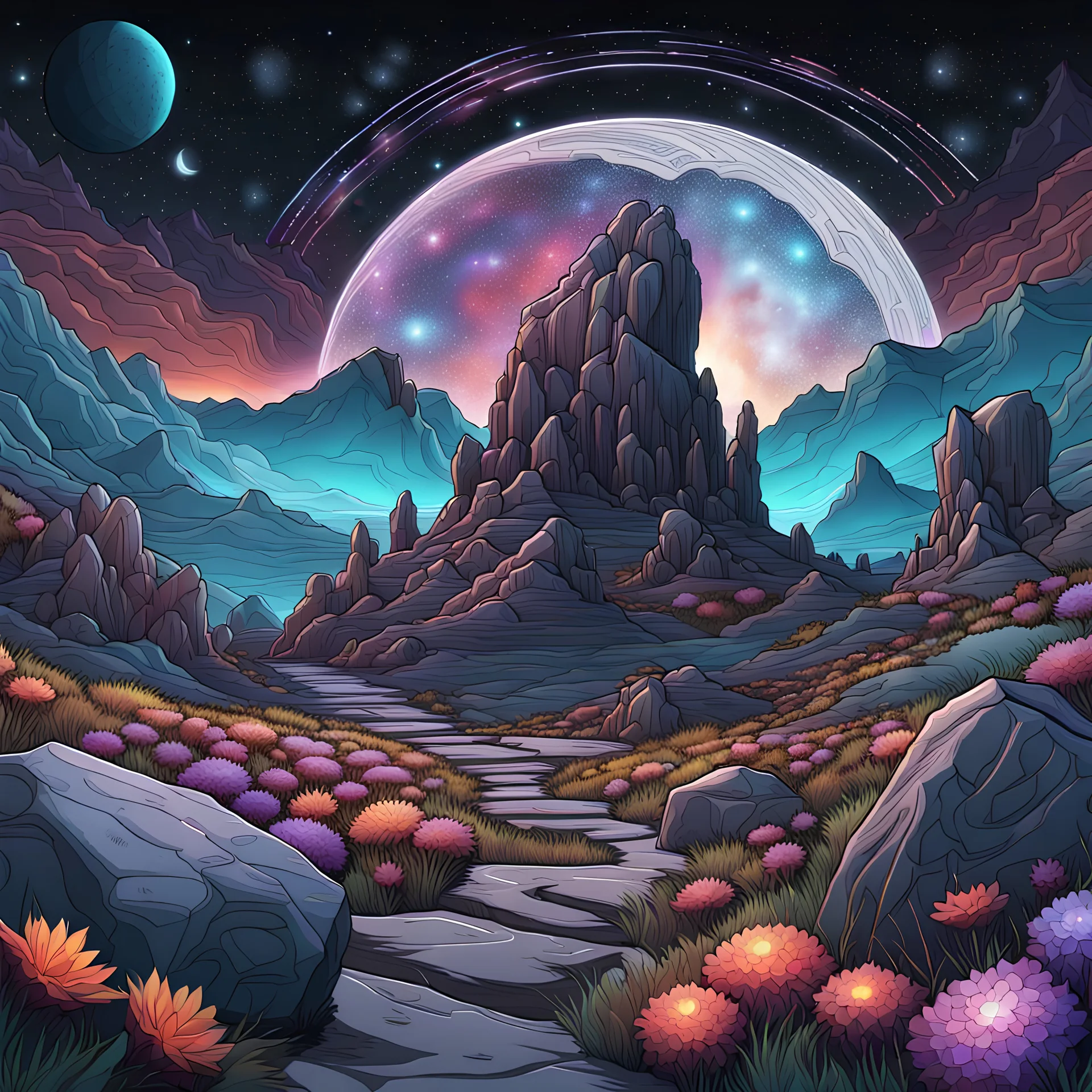 Colourful, scifi, night sky filled with galaxies and stars, rock formations, houses, flowers, one-line drawing, sharp focus, 8k, deep 3d field, intricate, ornate