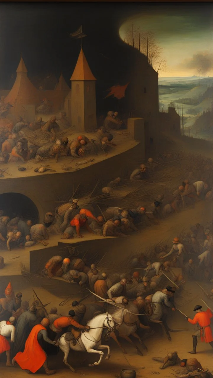 The Triumph of Death oil panel with nuclear bomb painting by Pieter Bruegel style