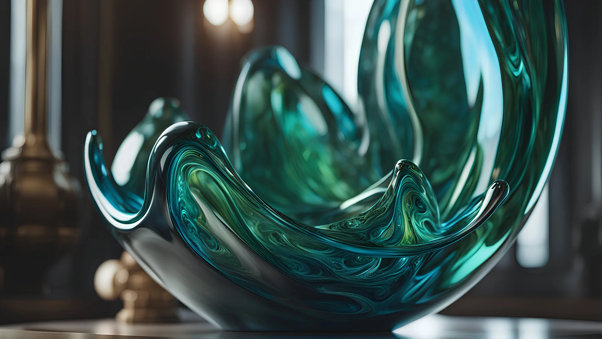 High-end, Die Partei sculpture, green blue glass 4th dimensional liquid space, awesome cinematic-quality photography, Four-dimensional space (4D) Art Nouveau-visuals, Vintage style with Octane Render 3D technology, hyperrealism photography, (UHD) with high-quality cinematic character render, Insanely detailed close-ups capturing beautiful complexity, hyperdetailed, intricate, 8k