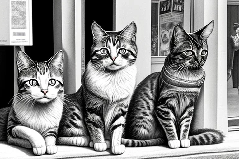 Mature cats are "The Beatles", playing music, street, Vienna, friendly, sunny day, model style, hyper realistic, extremely accurate, delicate, extremely detailed, Graphic novel style, wide-angle, open aperture, superfine pencil