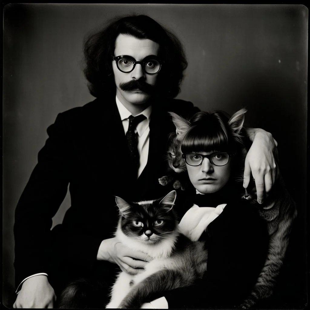 Awkward family portrait Photo with a man and a woman with ugly glasses, 30 years old sitting on chair, serious look, long 1960 hair and mustasch, polaroid camera photo, holding small cats